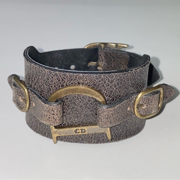 VTG Christian Dior Brown Leather Bronze Saddle D Charm Belt Buckle Logo Bracelet - Picture 8 of 15